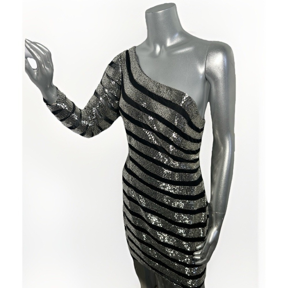 Aleta One-Shoulder Striped Beaded Sequin Mini Dress - Black & Silver 10 - Picture 5 of 13